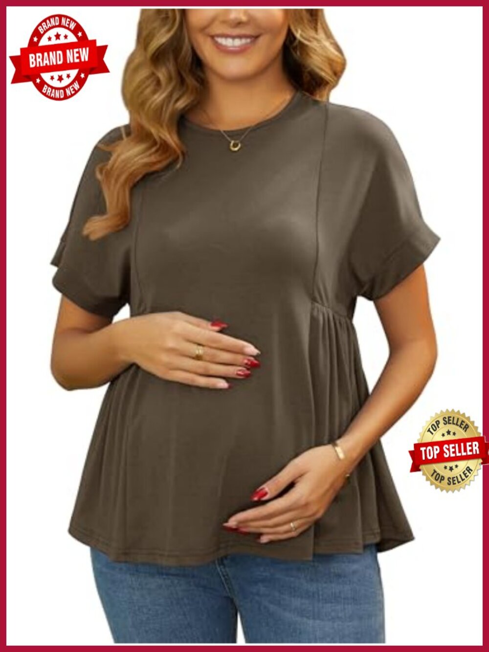 Maternity Babydoll Top Pleated Short Sleeve Peplum Blouse